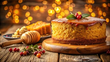 Indulge in a heavenly honey cake, homemade with love.  Bokeh background adds a touch of magic.