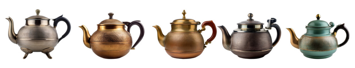 A collection of vintage teapots in various materials and finishes, showcasing elegance.