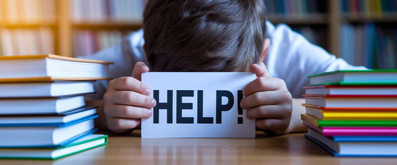 Child's hands holding a sign reading "HELP!", head down on a desk surrounded by stacks of books, depicting stress and need for assistance with studies