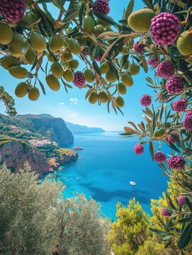 Vibrant Mediterranean Coastline Framed by Olive and Fruit Trees Under Clear Blue Sky Perfect for Travel and Nature Enthusiasts