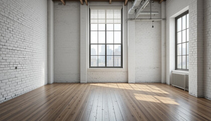 Fototapeta premium Sunlight dances on wooden floors awakening the spacious white brick loft ready for new beginnings with bright diffused lighting