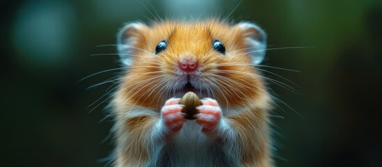 Fototapeta premium Adorable Syrian Hamster Holding Food.