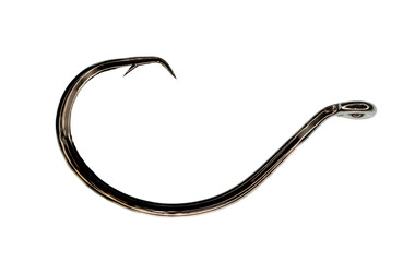 A single sharp curved metal fishing hook on a transparent background
