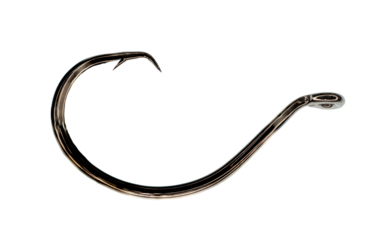 A single sharp curved metal fishing hook on a transparent background
