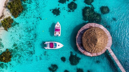 Aerial View of Boats Near Tropical Hut in Crystal Clear Waters