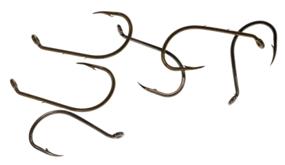 Group of 6 sharp metal fishing hooks on a transparent isolated background

