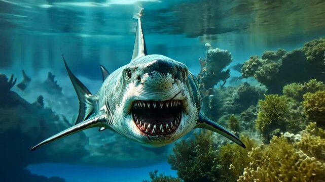 A great white shark swimming aggressively towards the viewer with open jaws in a coral reef environment. Concept of marine life danger.