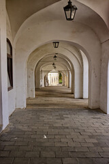 Beautiful Gothic arcade in the historic city. Old architectural style. Arcade with Gothic ceiling....