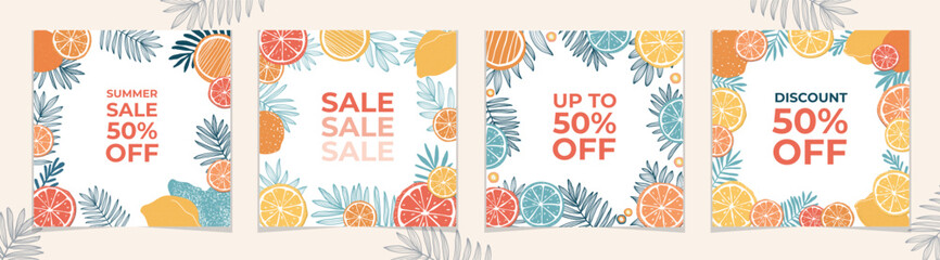 Set of four stylish summer sale banners with tropical citrus fruits and leaves. Perfect for seasonal promotions, digital ads, social media, online marketing, branding, banner, cover, label, poster, sa