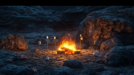 Roasting marshmallows over campfire on rocky ground at night