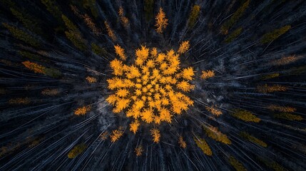 Aerial View of Golden Trees Surrounded by Dark Forest Landscape