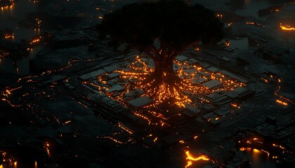 Fototapeta premium Glowing tree growing on a grid cityscape, data center