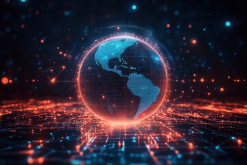 Obraz premium Global fintech innovation: digital diagram featuring a futuristic planet hologram
