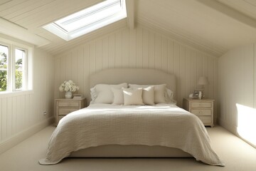 A light and airy bedroom with neutral colors and a skylight