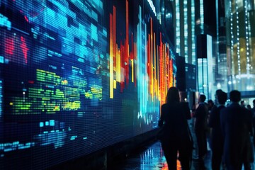 Stock market digital graph chart on LED display concept. A large display of daily stock market price and quotation. Indicator financial forex trade education background.