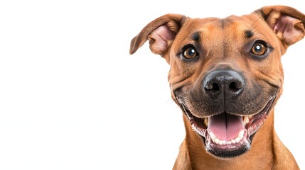 Smiling Brown Dog with Joyful Expression Against a White Background