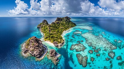 Aerial View of Tropical Island Oasis Surrounded by Crystal Blue Waters