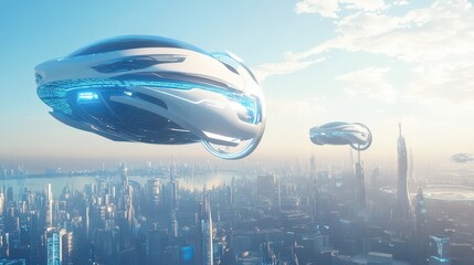Futuristic flying vehicles navigate a technologically advanced city landscape under a clear sky