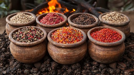 Colorful Spices and Grains Rustic Setting