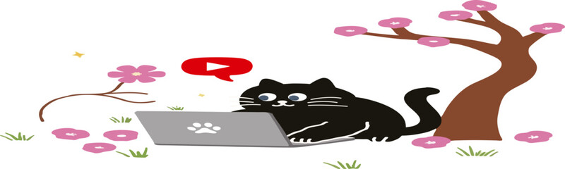 Black Cat Relaxing Under a Cherry Blossom Tree