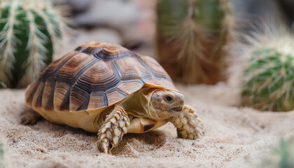 Obraz premium Turtle on sandy surface, plants on backdrop. Cactus and stone.