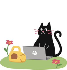  Black Cat Among Cherry Blossoms with Laptop