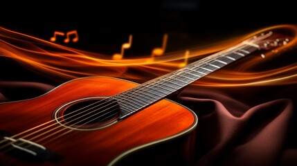 Fototapeta premium Acoustic guitar with bright fiery lines and musical notes background