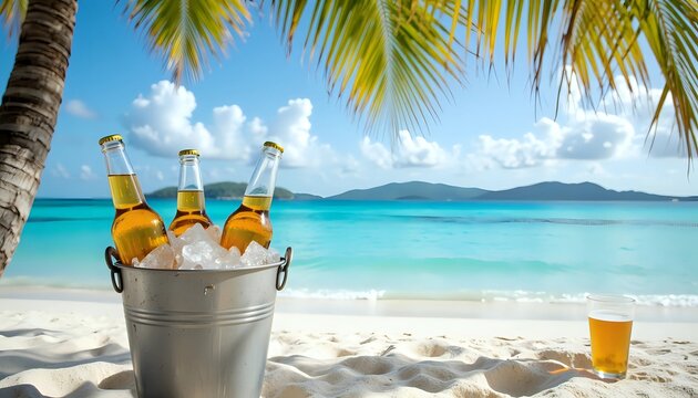 Iced beer bottles in bucket on white sand beach with palm trees - tropical refreshment