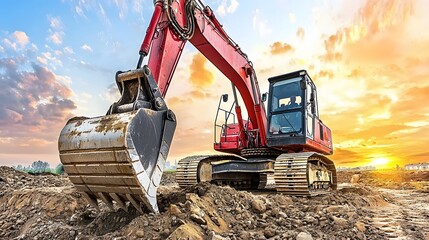 Excavator Digging Dirt at a Construction Site During a Stunning Sunset with Colorful Clouds
