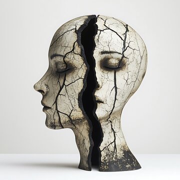 Split head sculpture, cracked face