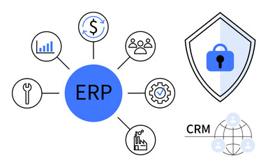 Fototapeta premium ERP system central hub connected to financials, statistics, people, tools, workflow, and security shield. CRM with global network. Ideal for business management, security organization efficiency