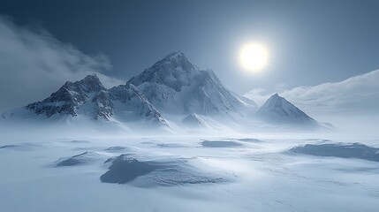 Sunlit snowy peaks, arctic landscape