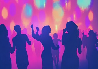 Silhouettes of people dancing at a vibrant nightclub