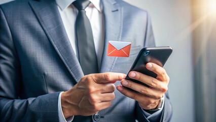 Man Using Smartphone with Digital Mail Icon Overlay Wearing Gray Suit
