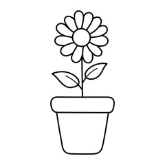Potted flower vector illustration. Hand-drawn doodle houseplant with blooming daisy. Black line art isolated on white background.