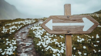 Naklejka premium Scenic directional sign on a flower-filled pathway nature trail landscape photography tranquil environment close-up view exploration concept