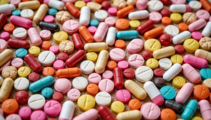 Artistic Medicine Mosaic Create a vibrant and colorful composition of various pills and capsules arranged in an artistic mosaic pattern