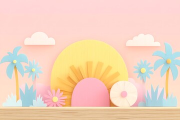 Dreamy pastel landscape with sun, palm trees, clouds and floral accents