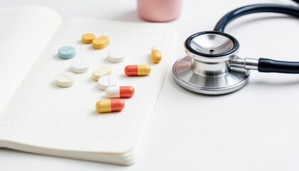 Medication Still Life Generate a sophisticated still life composition showcasing a variety of colorful pills and capsules organized on a clean white surface