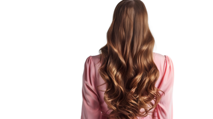 back view of women with long beautiful hair in a pink dress on transparent background, detailed photo, png