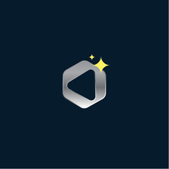 A modern metallic gray hexagonal outline logo with an embedded play button shape and two yellow sparkles, signifying media, technology, or premium digital content.