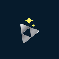 A metallic gray play button icon with a cutout triangle, featuring two yellow sparkle accents at the top, symbolizing media, entertainment, or premium content.