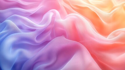 Fototapeta premium Colorful fabric texture with pastel ombre gradient in blue, purple, pink, and orange hues.