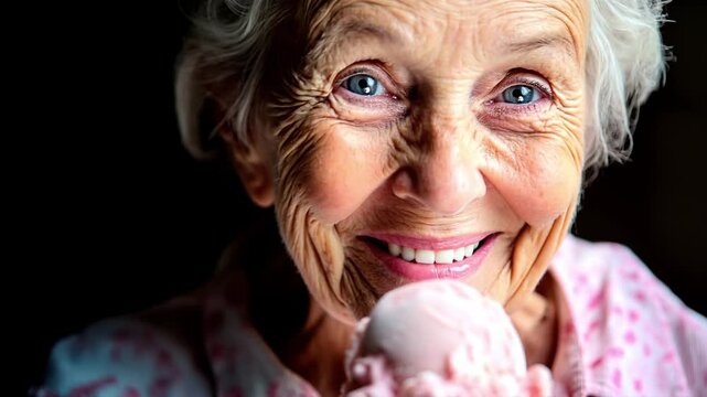 Elderly woman holding and enjoying a strawberry ice cream cone, smiling, expressing childlike joy and the simple pleasures of life in old age
