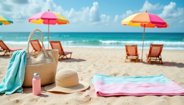 A beautifully arranged flat lay of a beach bag alongside essential items like a water bottle, beach towel, and sun hat