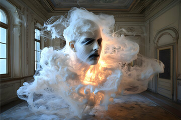 Surreal Floating Head in Smoky Clouds in a Vintage Room