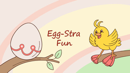 Easter egg hunt illustration with chick and decorated egg on branch vector design