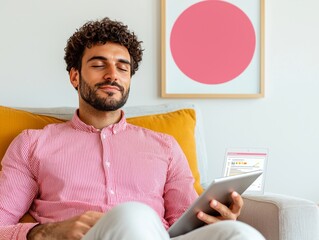 Relaxed Man Using Tablet Indoors Cozy Living Room Digital Lifestyle Comfort Zone Serene Atmosphere Home Environment