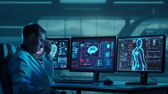 Doctor working at futuristic office, multiple monitors displaying medical images, data and body scans.