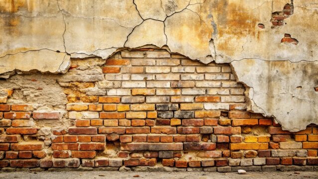 Aged Brick Wall with Crumbling Plaster Reveals a History of Time and Decay